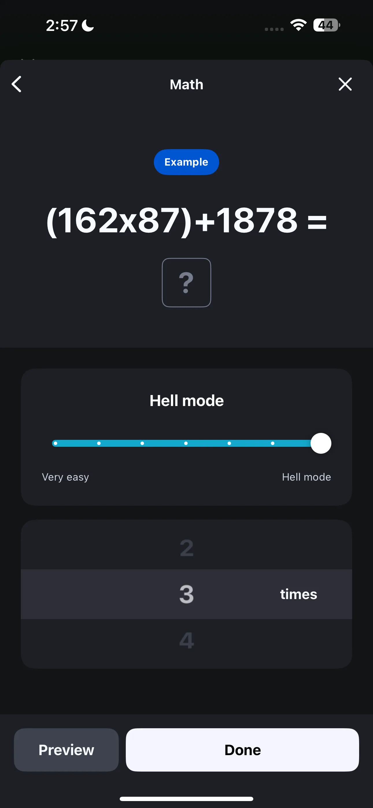 Giao diện nhiệm vụ toán học (Math Mission) ở chế độ Hell Mode trong ứng dụng báo thức Alarmy, giúp người dùng khó thức dậy.