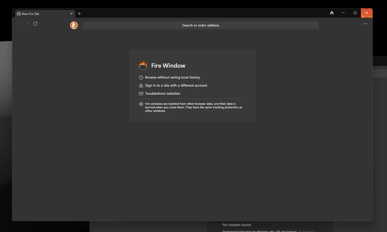 Giao diện nút Fire và tính năng Fire Window giúp xóa dữ liệu duyệt web nhanh chóng trên DuckDuckGo Browser