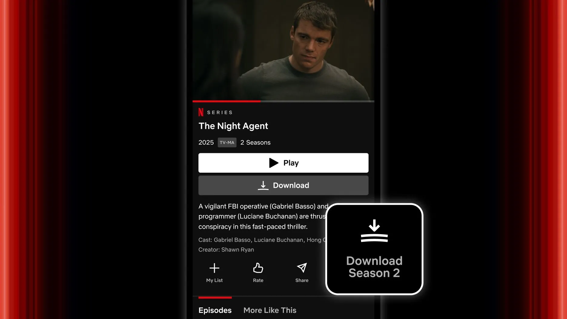 Giao diện nút 'Tải trọn mùa' (Season Download) trên ứng dụng Netflix dành cho iPhone, giúp người dùng dễ dàng tải toàn bộ mùa phim để xem ngoại tuyến.
