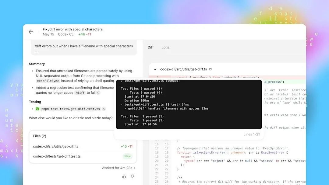 Giao diện OpenAI Codex chạy thử nghiệm code