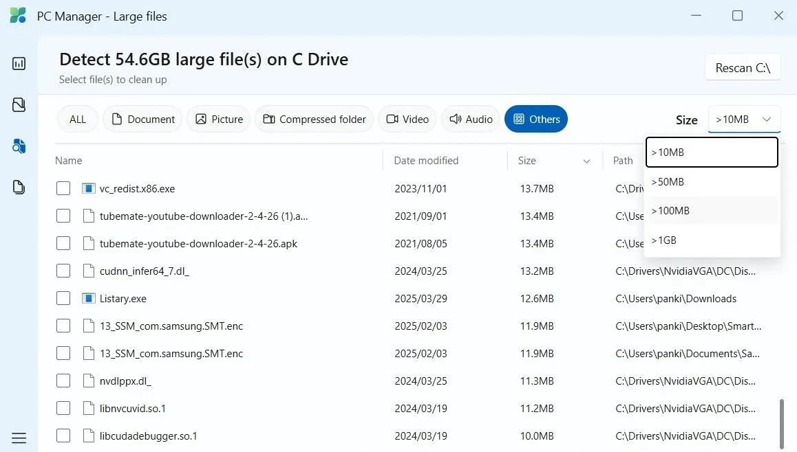 Giao diện PC Manager hiển thị danh sách các tệp có dung lượng lớn trên máy tính Windows để người dùng quản lý