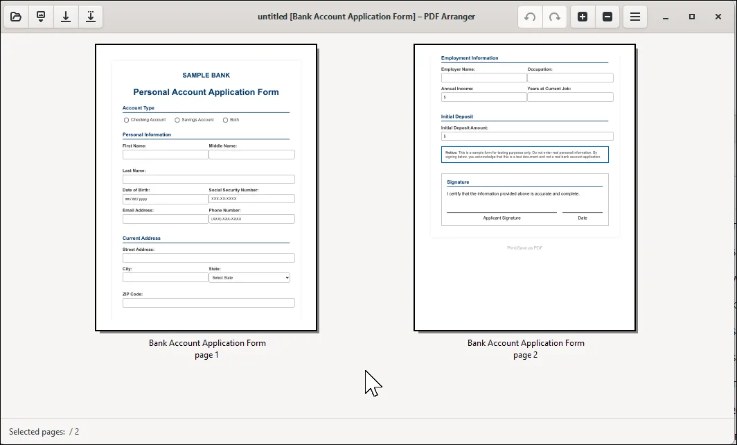 Giao diện PDF Arranger hiển thị các trang PDF dưới dạng hình thu nhỏ để người dùng dễ dàng sắp xếp lại.