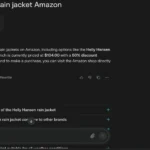 Giao diện Perplexity AI hiển thị kết quả tìm kiếm áo khoác Helly Hansen trên Amazon, minh họa tính năng tìm kiếm theo thương hiệu.