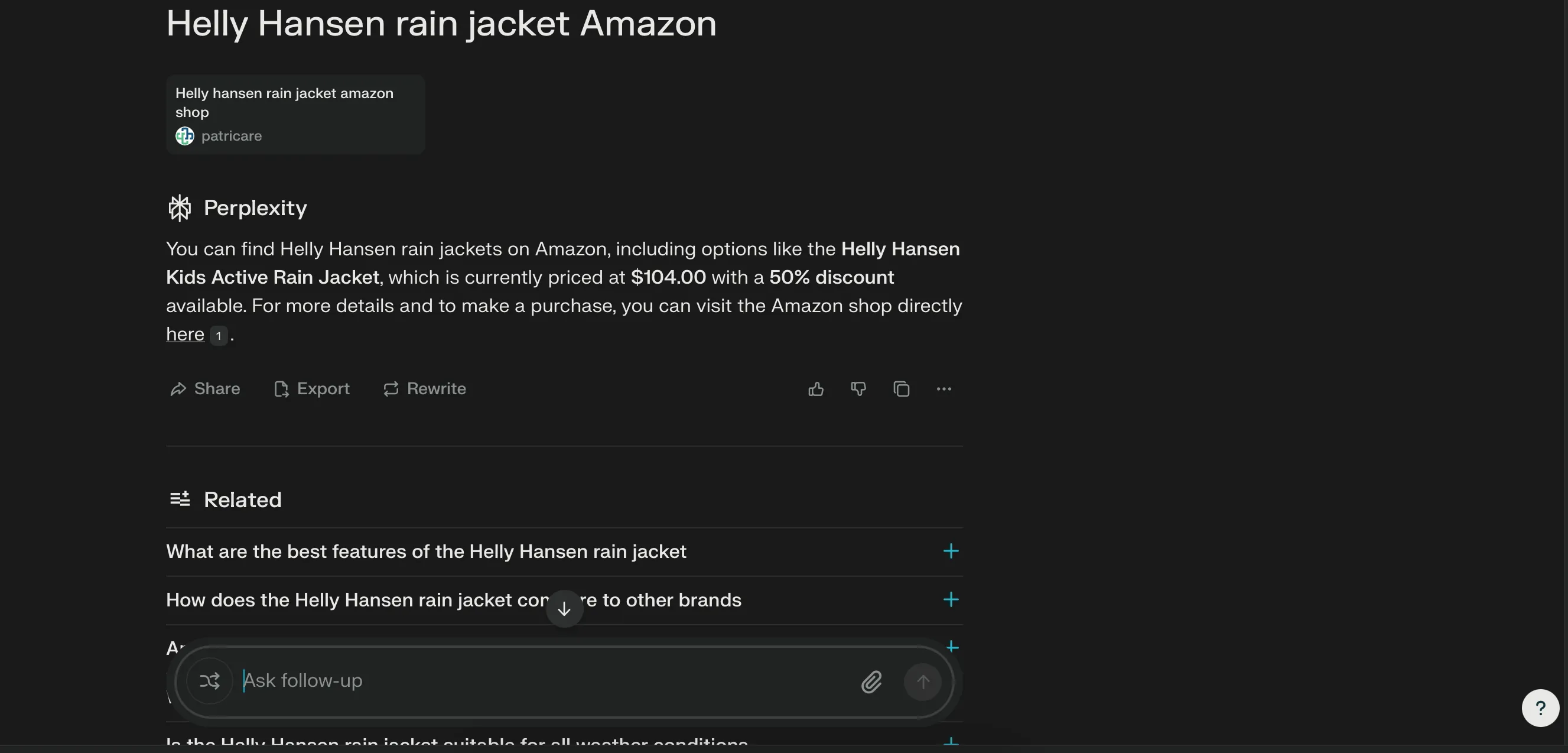 Giao diện Perplexity AI hiển thị kết quả tìm kiếm áo khoác Helly Hansen trên Amazon, minh họa tính năng tìm kiếm theo thương hiệu.