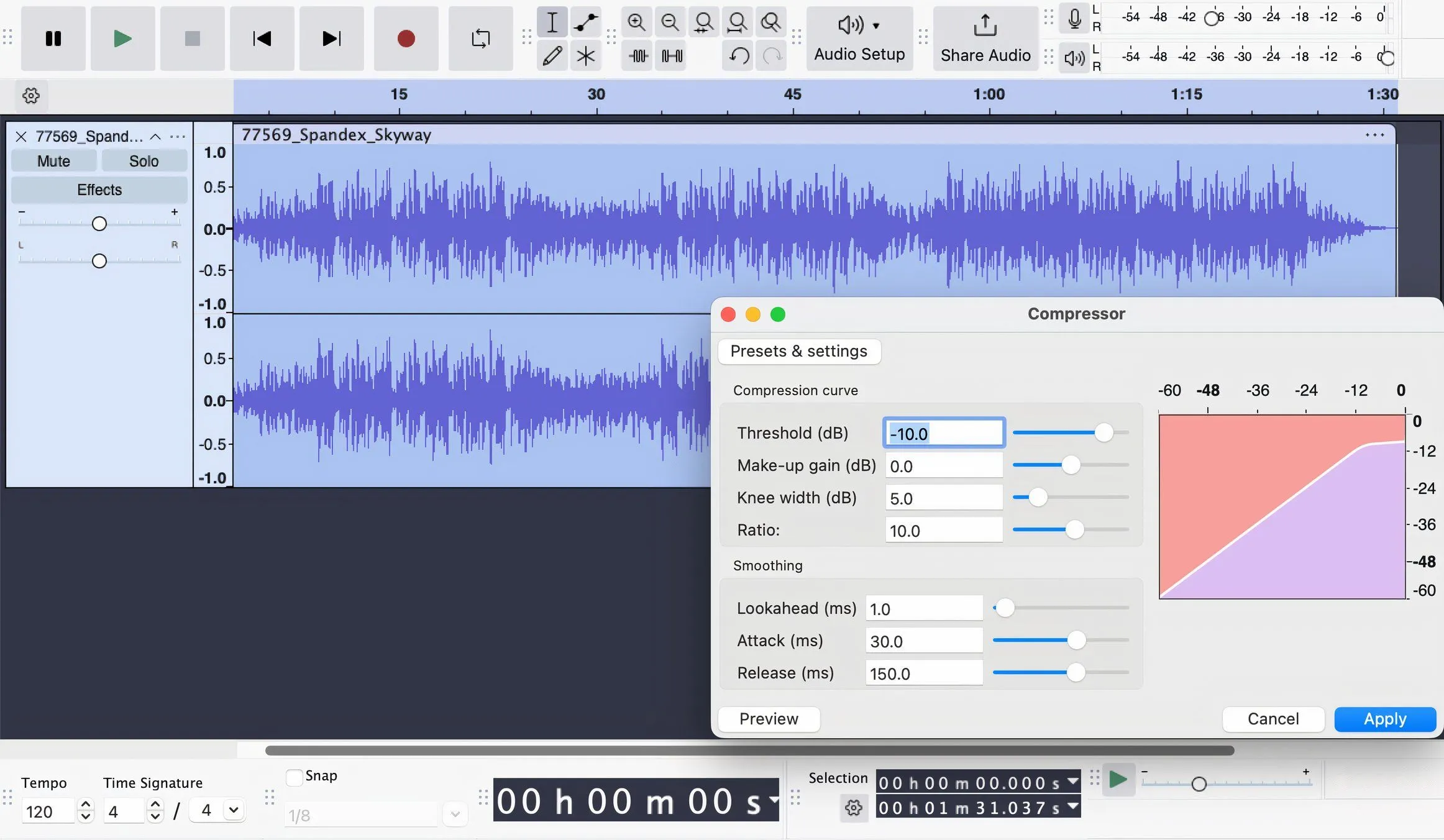 Giao diện phần mềm Audacity khi đang sử dụng plugin nén âm thanh.