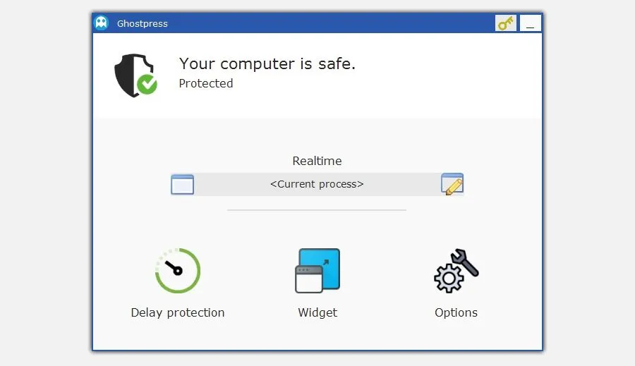 Giao diện phần mềm chống keylogger Ghostpress trên máy tính, hiển thị các tùy chọn bảo vệ.