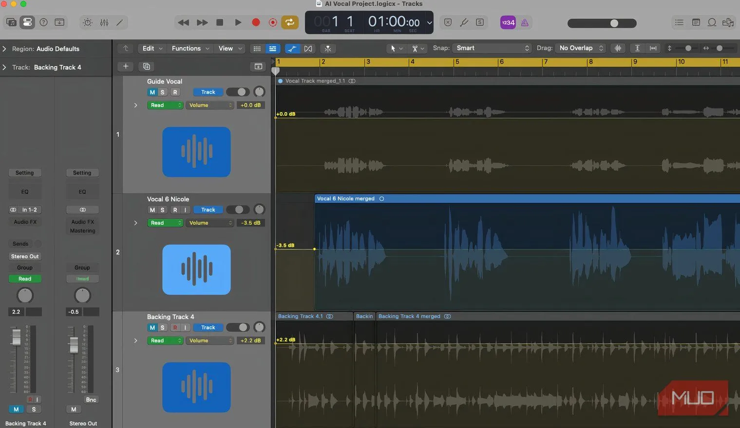 Giao diện phần mềm Logic Pro 11, nơi thực hiện thu âm và phối khí giọng hát, một công cụ quan trọng trong quá trình chỉnh giọng hát bằng AI.