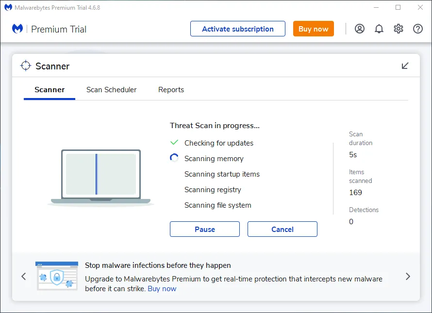 Giao diện phần mềm Malwarebytes hiển thị trạng thái bảo vệ máy tính