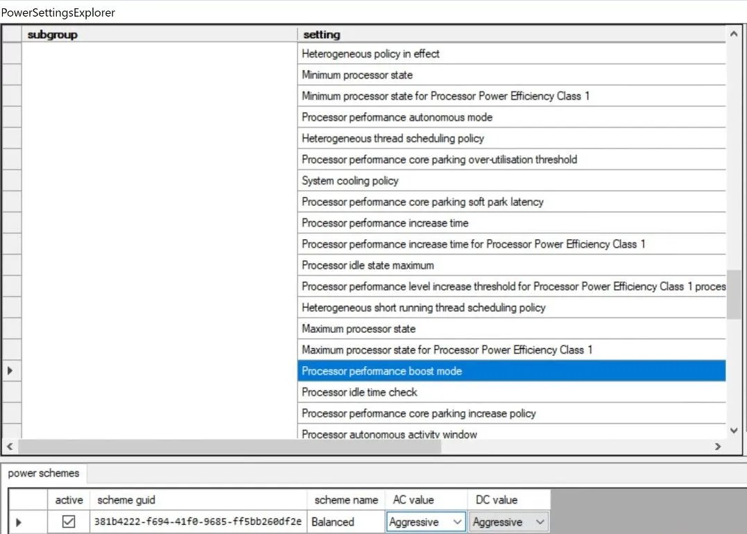 Giao diện phần mềm Power Settings Explorer hiển thị các tùy chọn quản lý năng lượng và hiệu suất CPU
