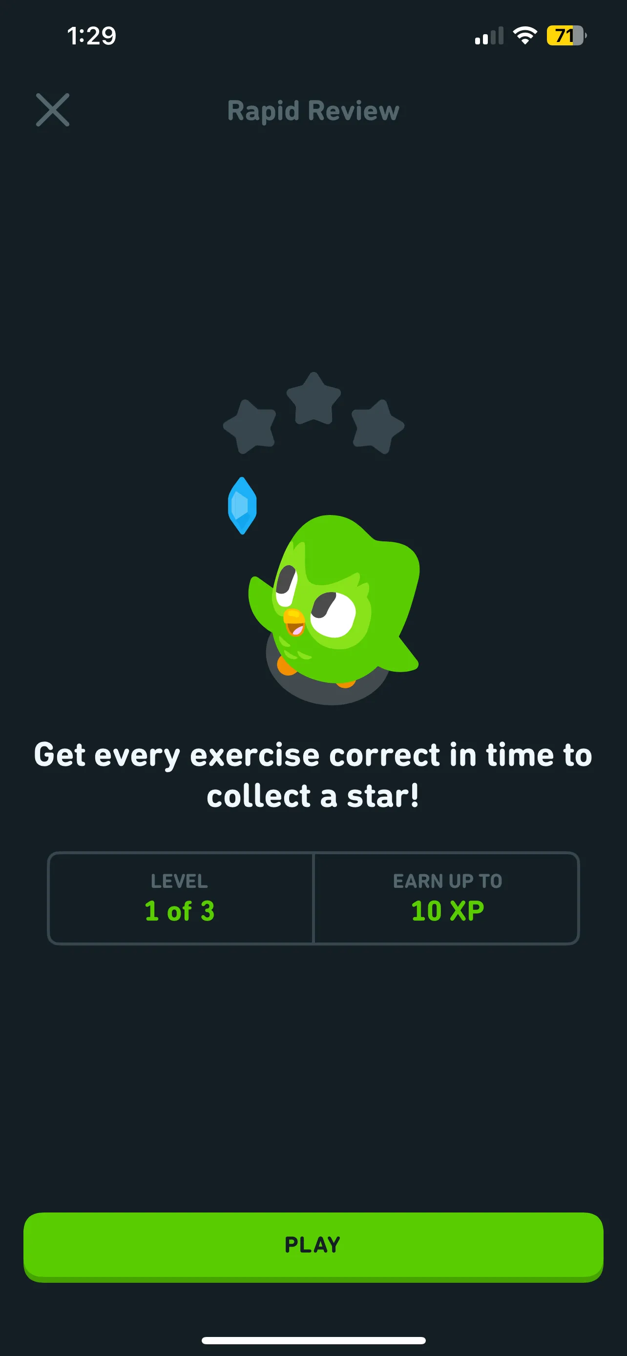 Giao diện phiên ôn tập nhanh 1 trong 3 của Duolingo, cung cấp bài luyện tập bổ sung theo thời gian.
