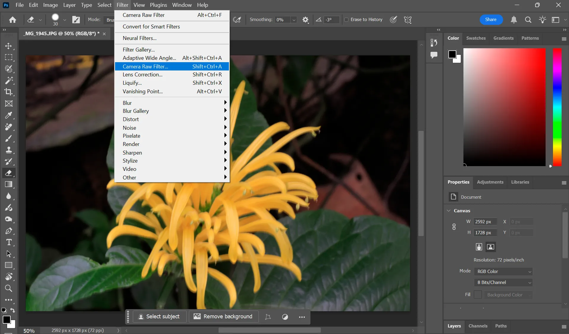 Giao diện Photoshop với lựa chọn Camera Raw Filter từ menu Filter
