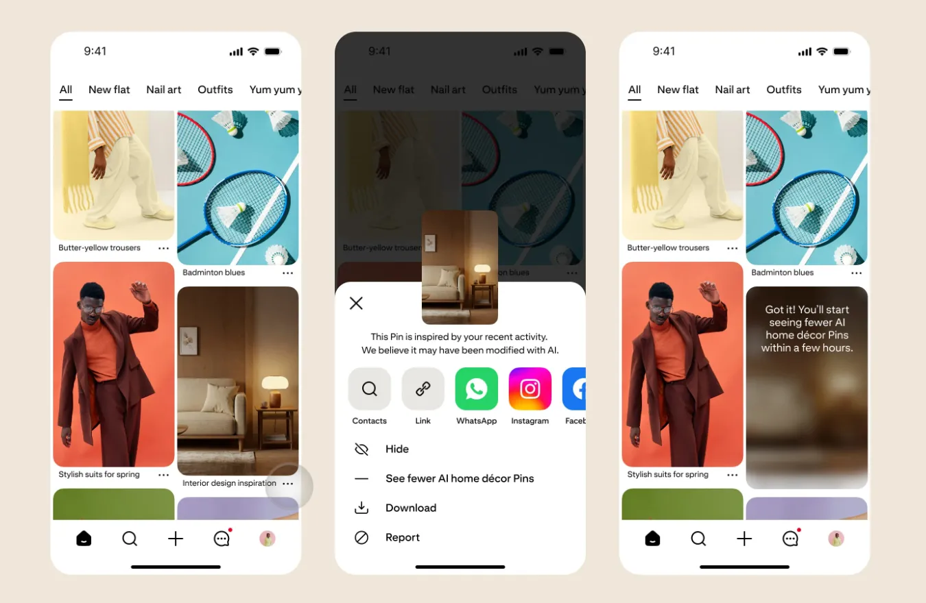 Giao diện Pinterest hiển thị tùy chọn để người dùng giảm số lượng ghim ảnh AI trong nguồn cấp dữ liệu của họ