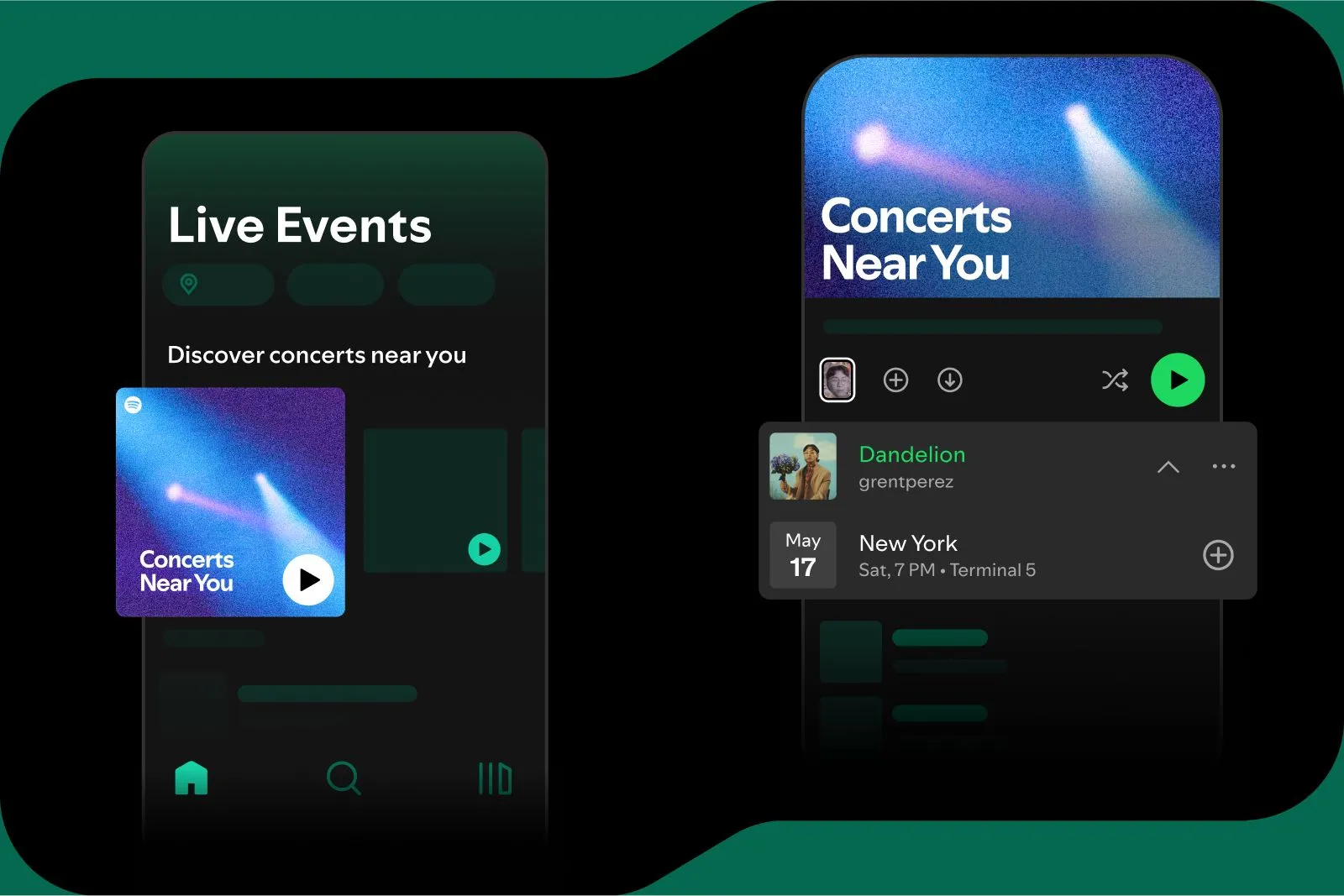 Giao diện playlist Concerts Near You trên ứng dụng Spotify, giúp người dùng dễ dàng khám phá các sự kiện âm nhạc trực tiếp gần họ.
