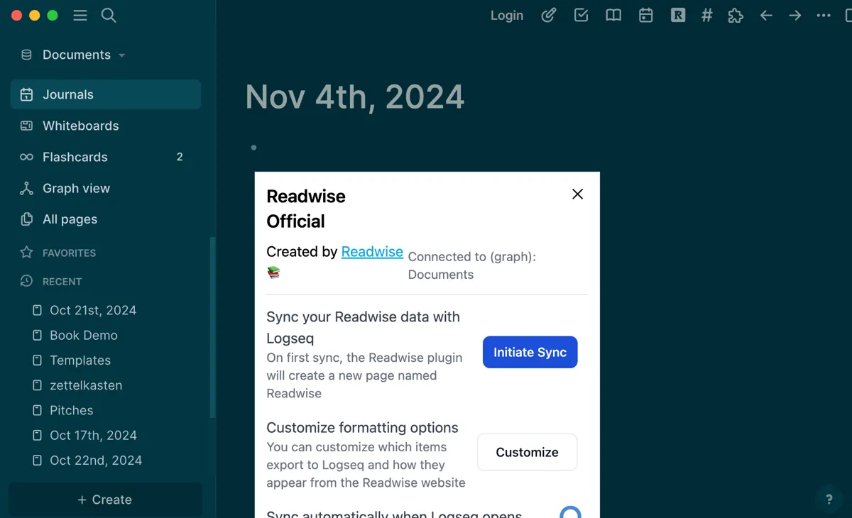 Giao diện plugin Readwise tích hợp trong Logseq để nhập highlights