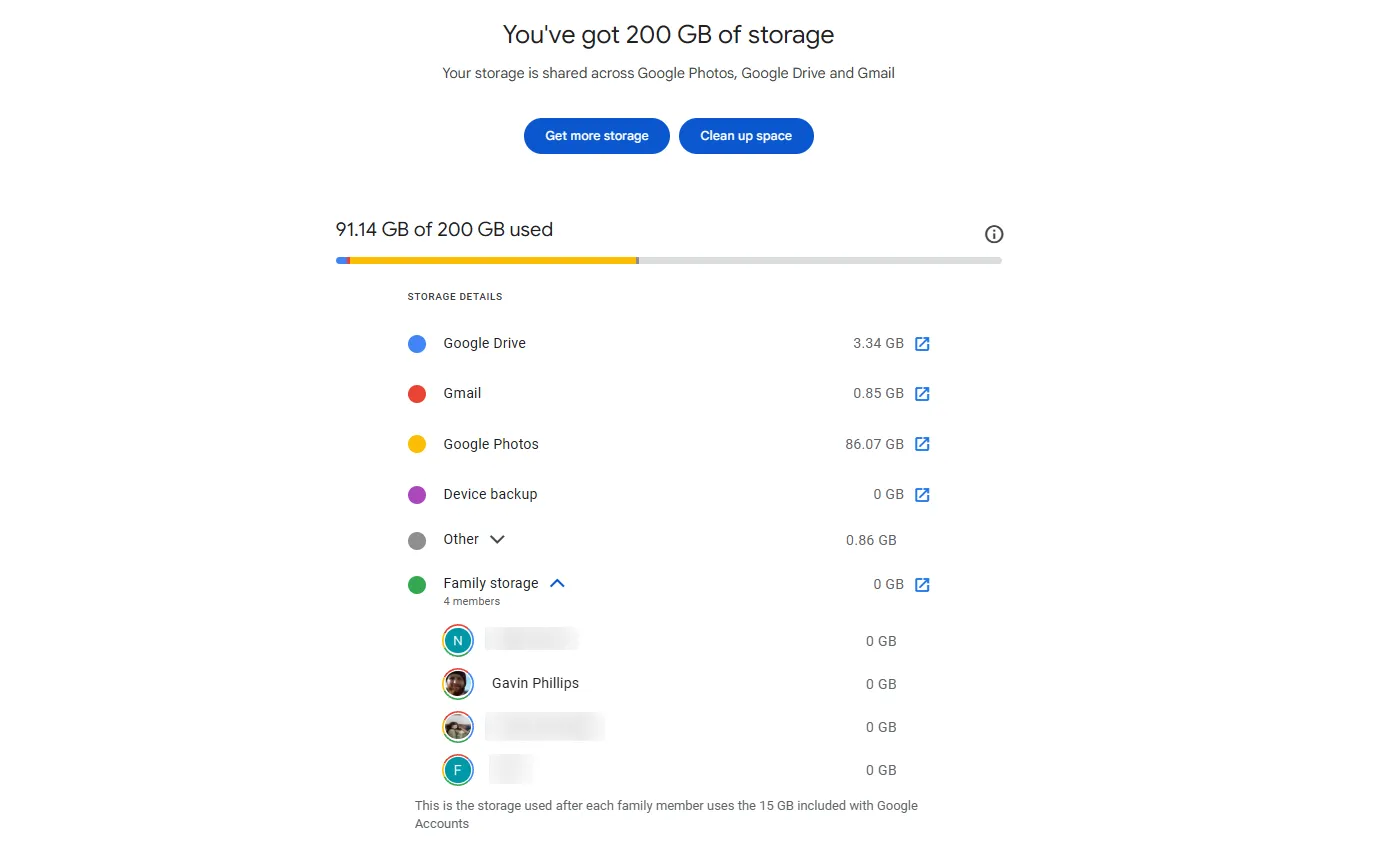 Giao diện quản lý bộ nhớ Google One hiển thị chi tiết dung lượng lưu trữ đang sử dụng.