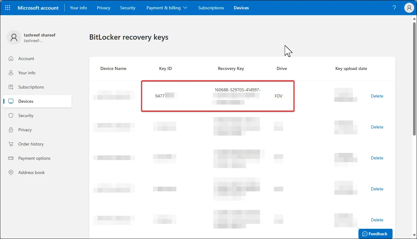 Giao diện quản lý các khóa khôi phục BitLocker đã lưu trên tài khoản Microsoft trực tuyến