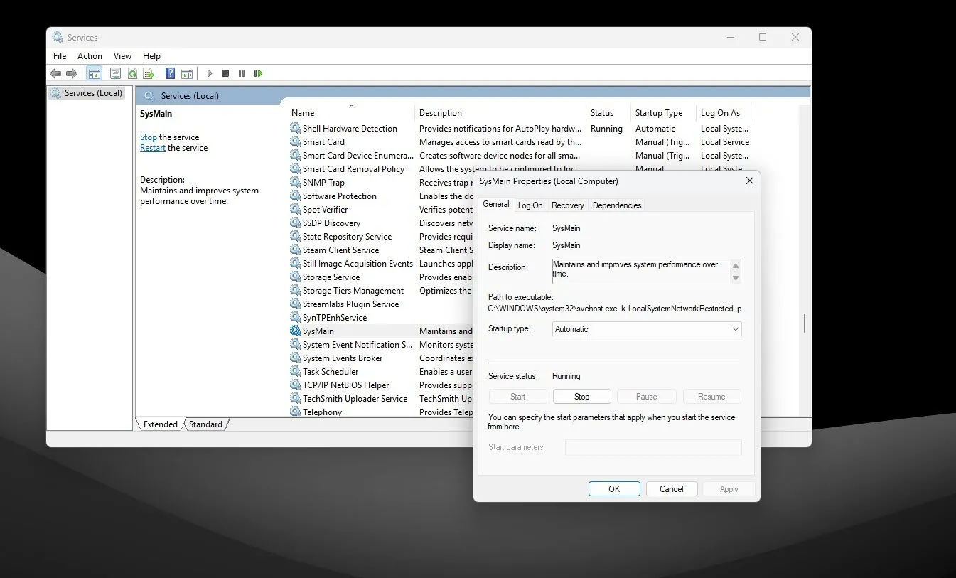Giao diện quản lý dịch vụ SysMain trên Windows 11, hiển thị trạng thái và tùy chọn cấu hình