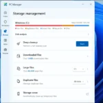 Giao diện quản lý lưu trữ của Microsoft PC Manager, hiển thị các tùy chọn phân tích ổ đĩa, dọn dẹp file tải về, file lớn và file trùng lặp