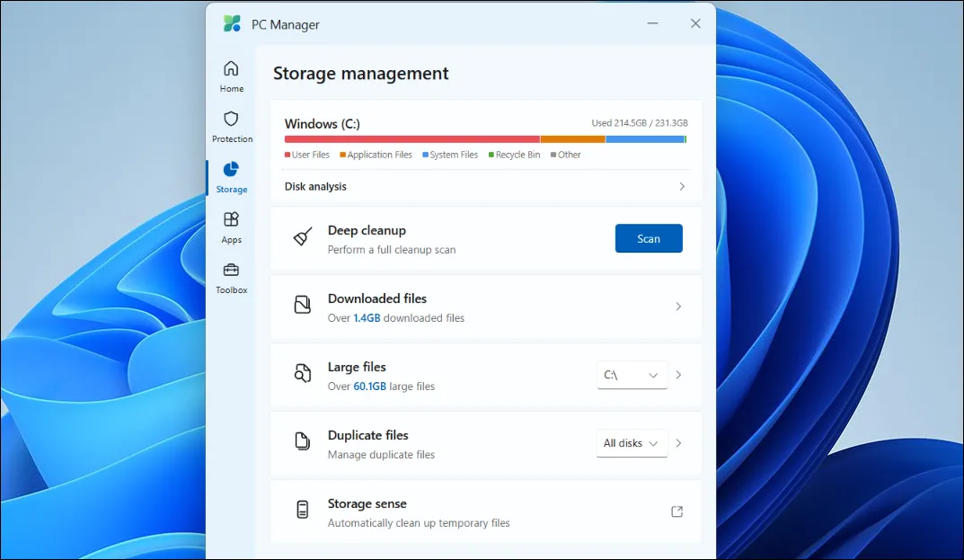 Giao diện quản lý lưu trữ của Microsoft PC Manager, hiển thị các tùy chọn phân tích ổ đĩa, dọn dẹp file tải về, file lớn và file trùng lặp