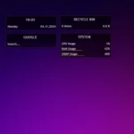 Giao diện Rainmeter mặc định với skin Illustro cơ bản, hiển thị các tiện ích như đồng hồ và thông tin hệ thống