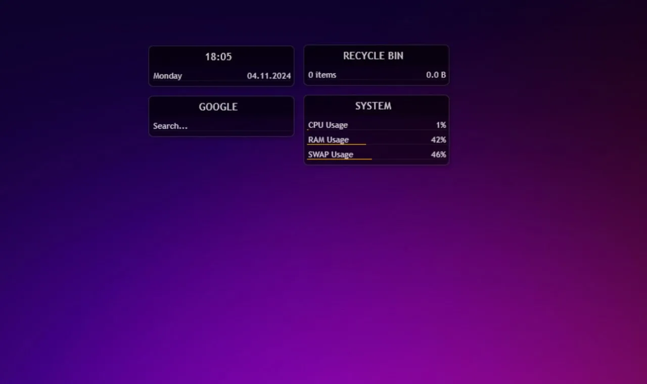 Giao diện Rainmeter mặc định với skin Illustro cơ bản, hiển thị các tiện ích như đồng hồ và thông tin hệ thống