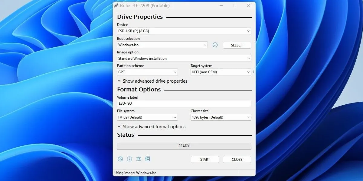 Giao diện Rufus hướng dẫn ghi ISO Windows vào USB