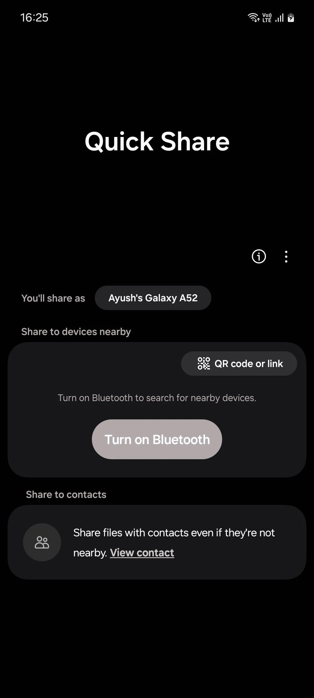 Giao diện Samsung Quick Share hiển thị tùy chọn tạo mã QR hoặc link chia sẻ