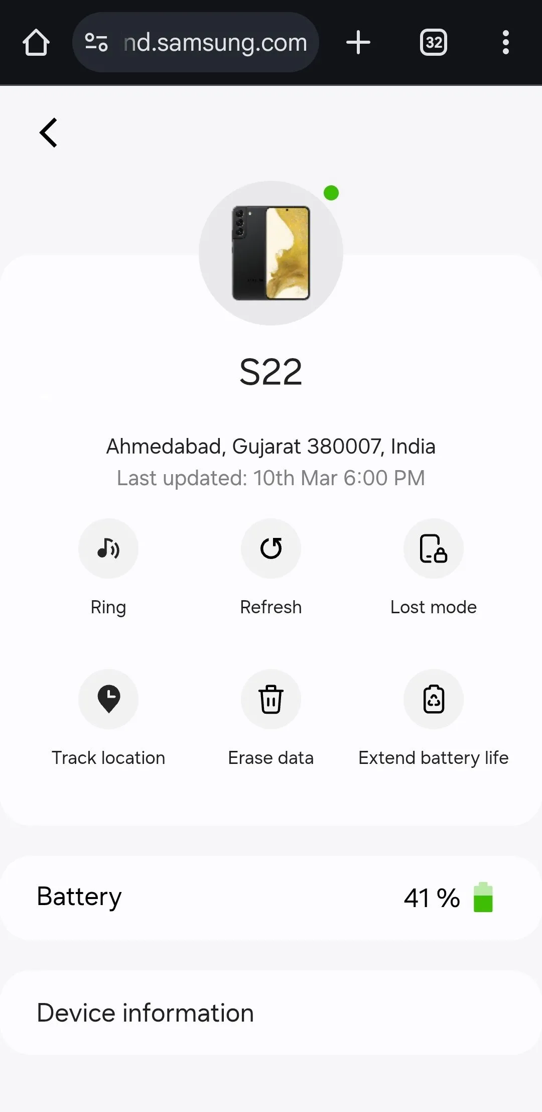 Giao diện Samsung SmartThings Find hiển thị các tùy chọn tìm kiếm trên trình duyệt Android