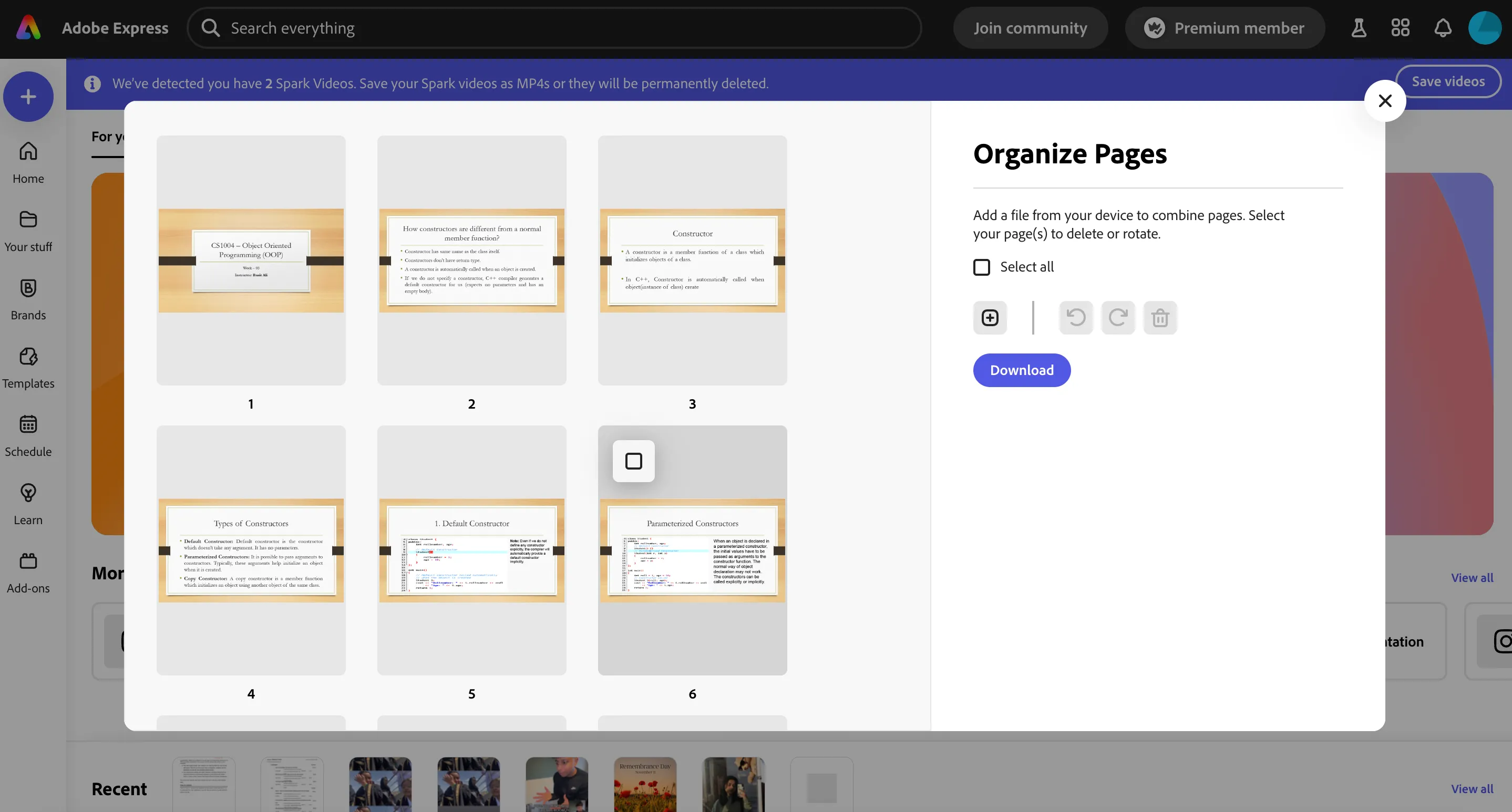 Giao diện Sắp Xếp Trang trong Adobe Express để quản lý thứ tự các trang PDF