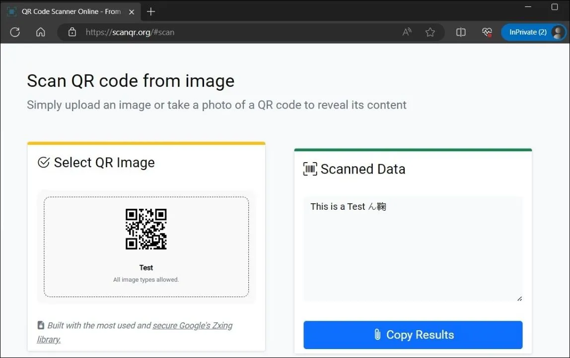 Giao diện ScanQR.org hiển thị dữ liệu đã quét thành công từ hình ảnh mã QR được tải lên.