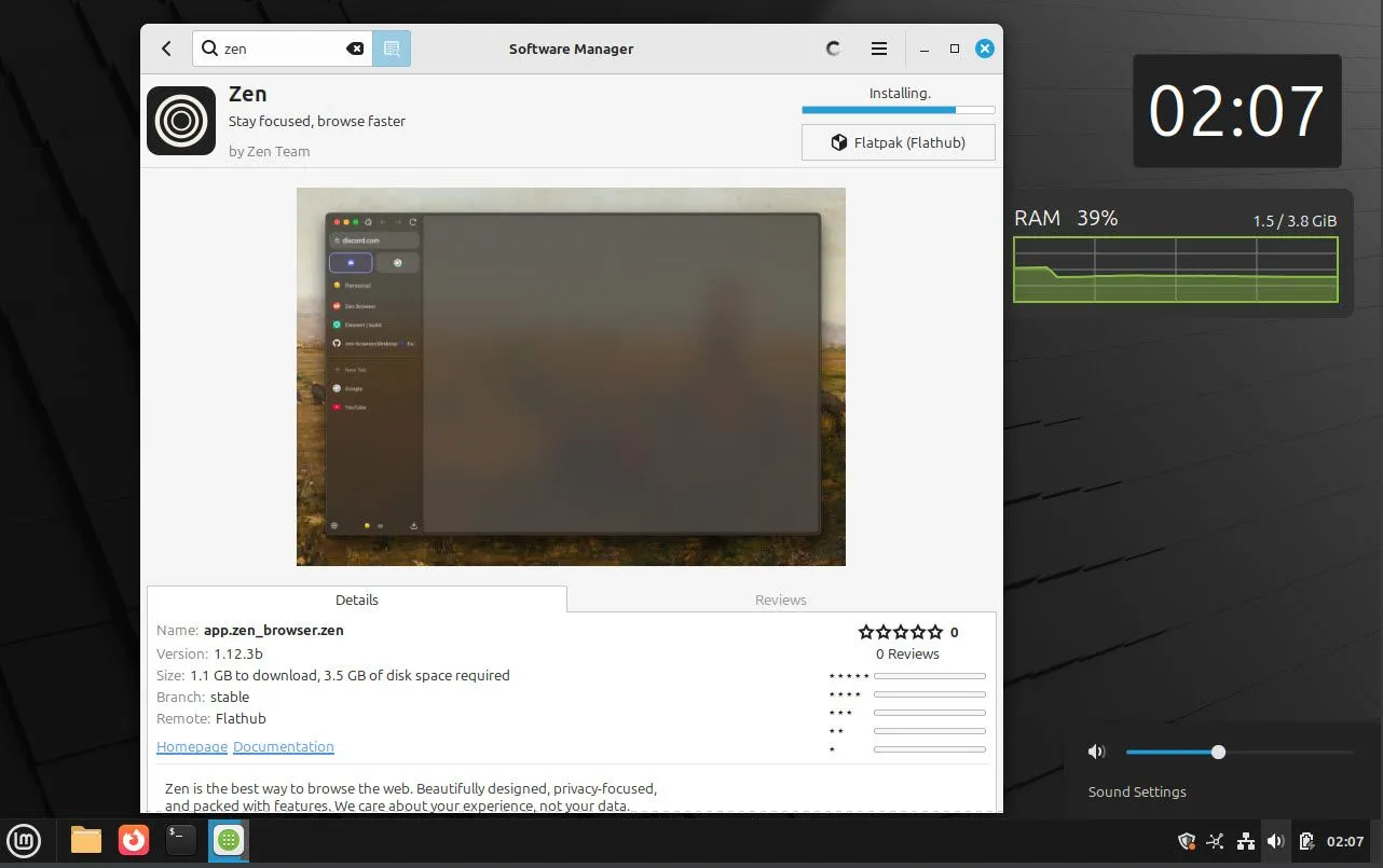 Giao diện Software Manager của Linux Mint đang chạy, minh họa khả năng quản lý và cài đặt ứng dụng tập trung
