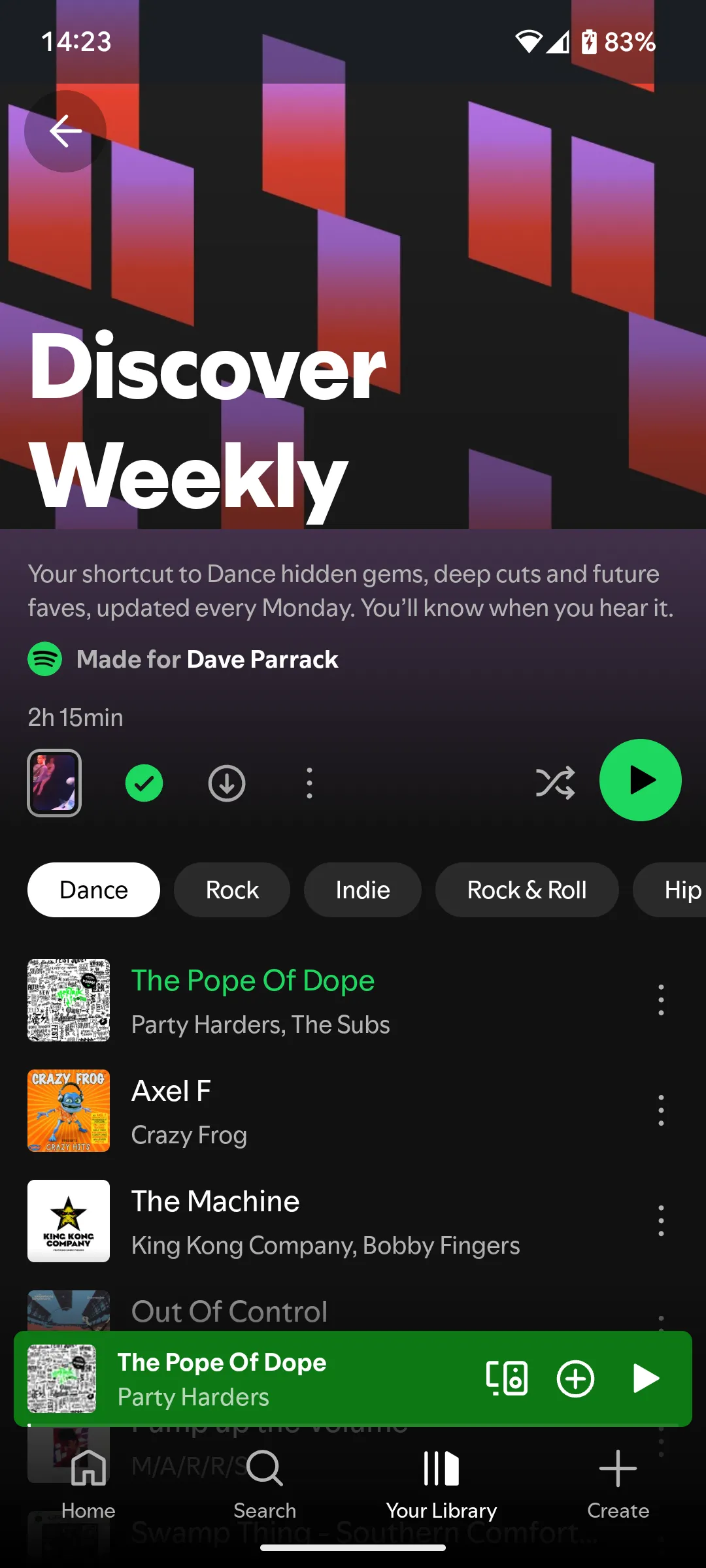 Giao diện Spotify hiển thị tùy chọn lọc playlist Discover Weekly theo các thể loại nhạc mới