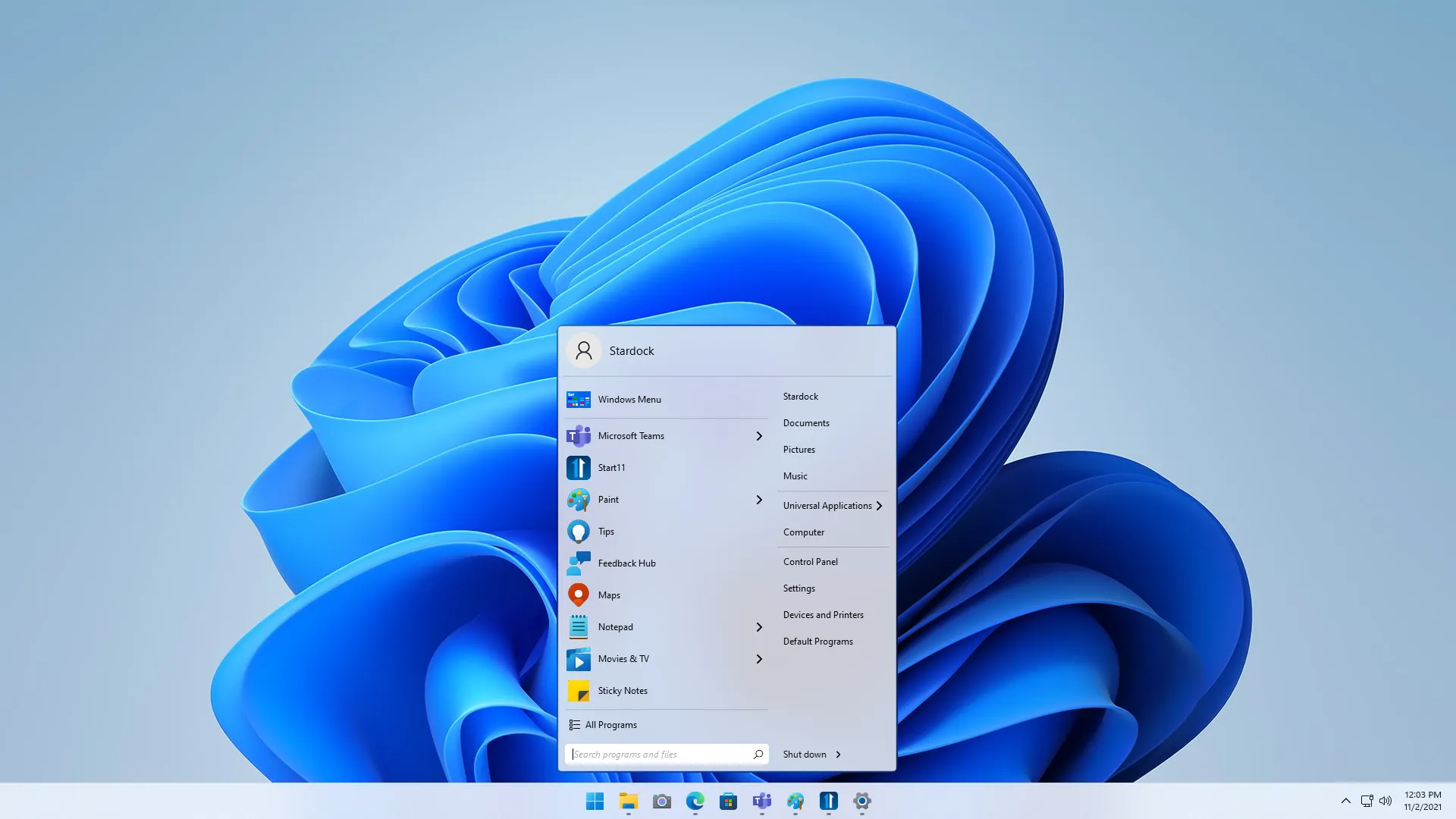 Giao diện Start Menu của Start11 được tùy chỉnh trên Windows 11 với nhiều lựa chọn phong cách