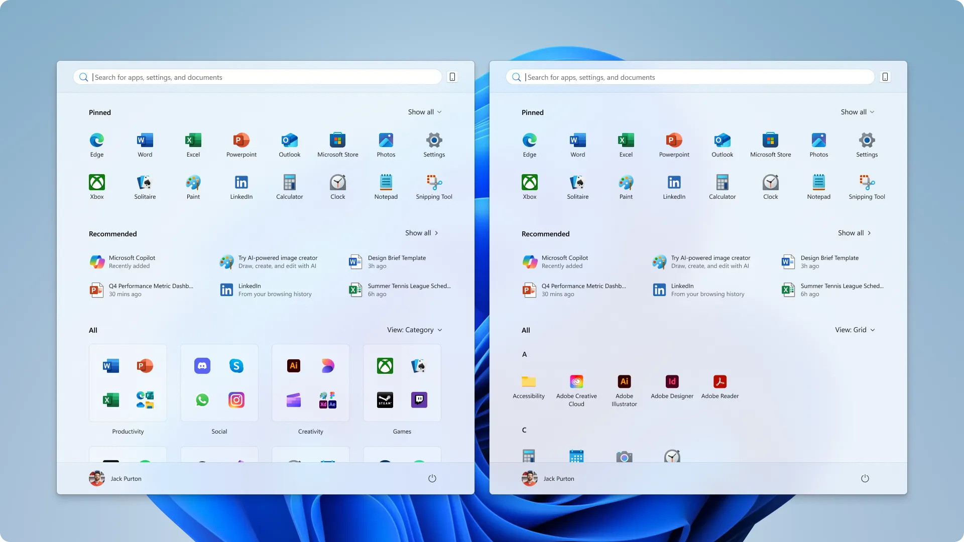 Giao diện Start Menu Windows 11 mới với tùy chọn bố cục Phân loại (Category) và Lưới (Grid)