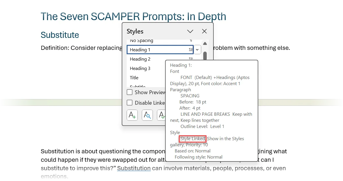 Giao diện Styles pane của Microsoft Word hiển thị kiểu Style Linked với biểu tượng đoạn văn và ký tự
