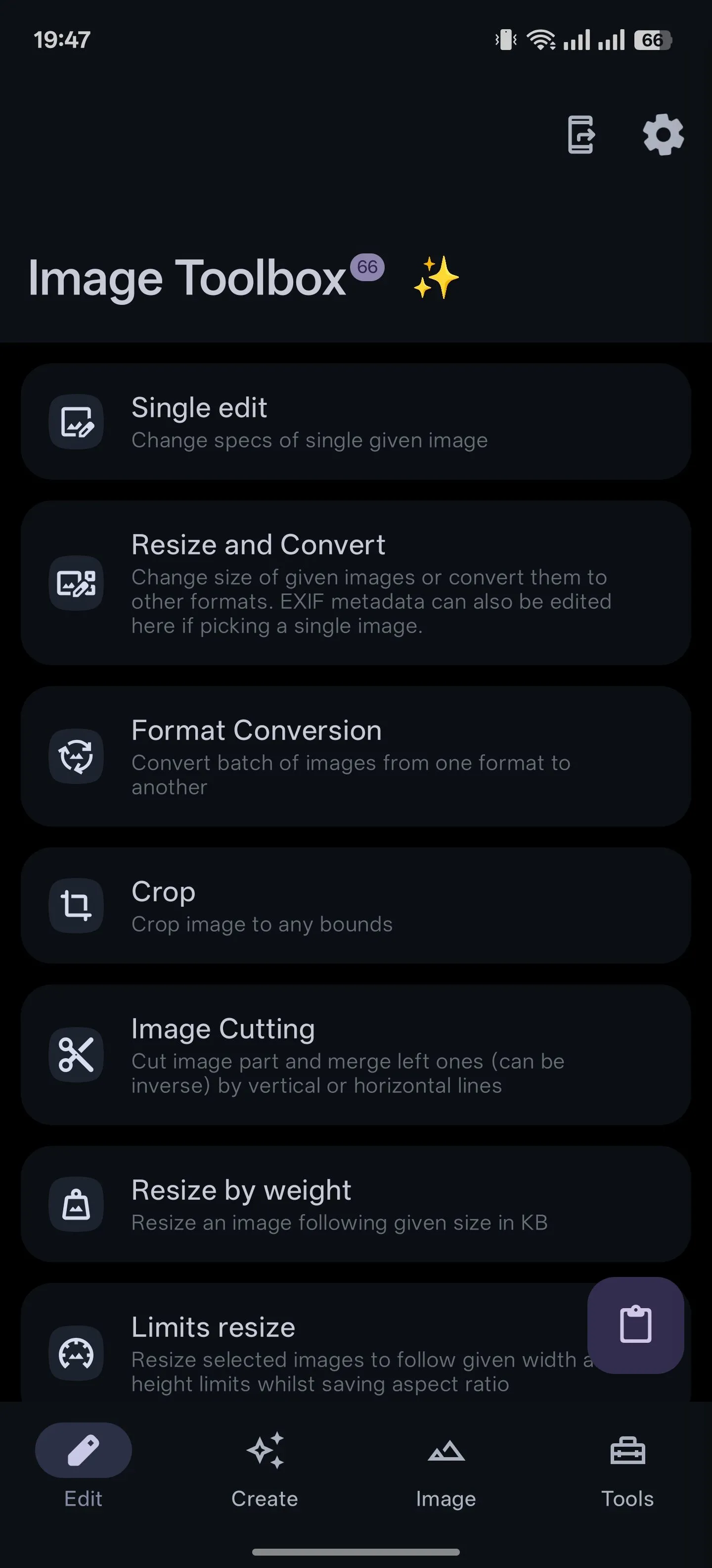 Giao diện tab Chỉnh sửa của ứng dụng Image Toolbox trên Android.