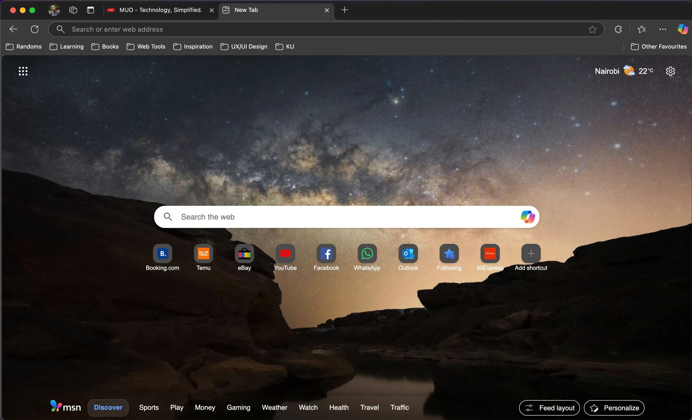 Giao diện tab mới của trình duyệt Microsoft Edge với thanh tìm kiếm và các thẻ tin tức.