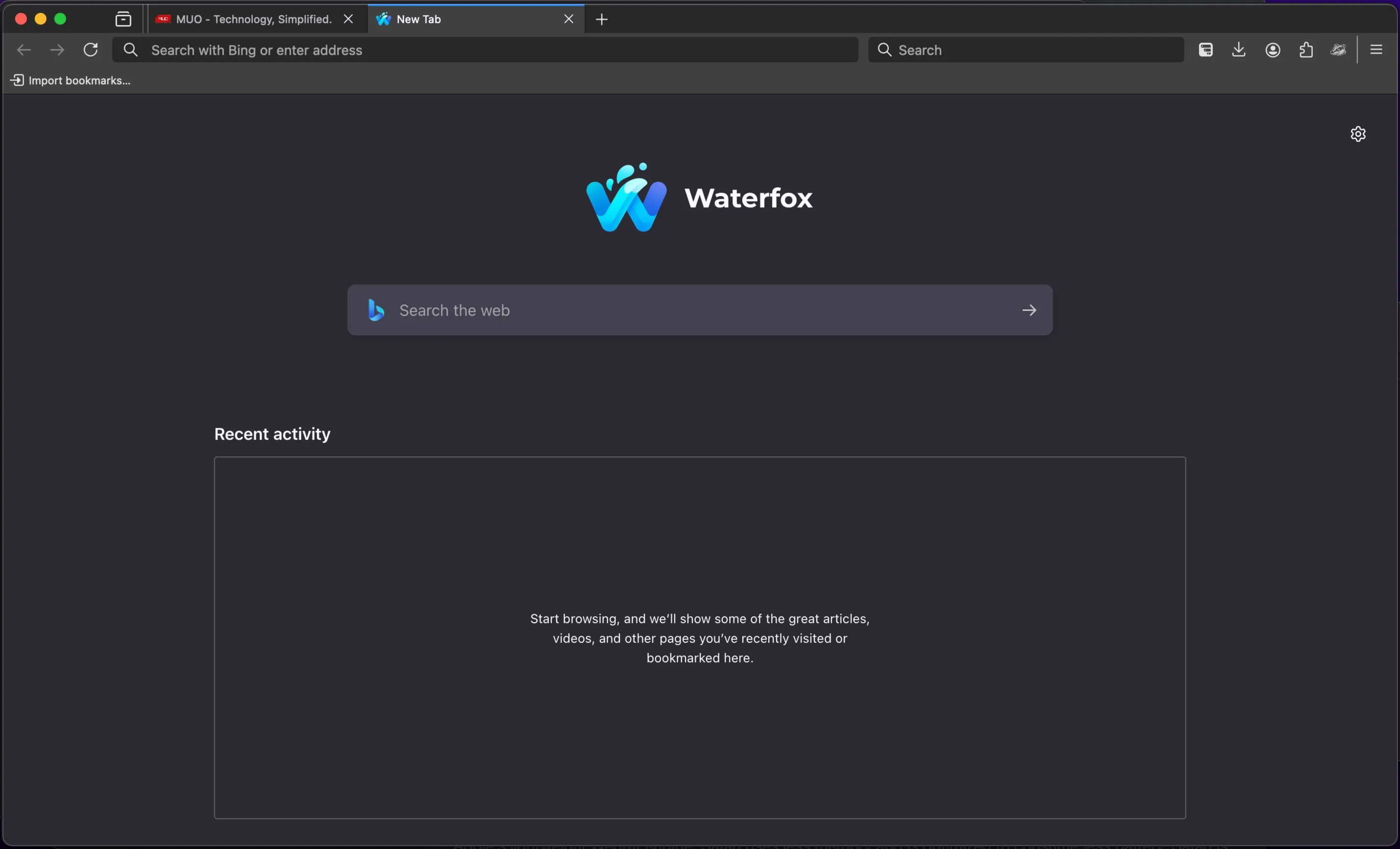 Giao diện tab mới của trình duyệt Waterfox trên macOS, thể hiện tính năng riêng tư và hiệu suất cao.