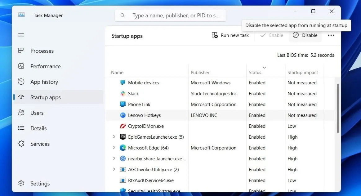 Giao diện tab Ứng dụng khởi động trong Trình quản lý Tác vụ Windows 11, nơi người dùng có thể vô hiệu hóa các ứng dụng để tăng tốc khởi động máy tính.