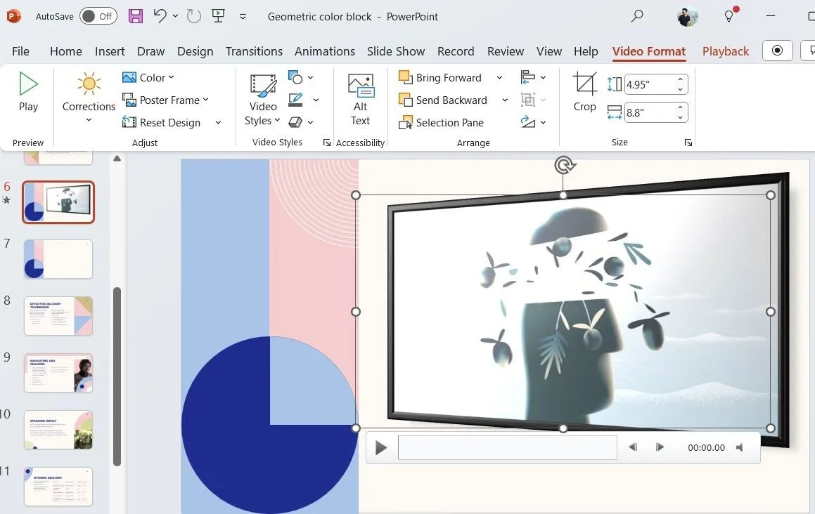 Giao diện tab Video Format trong PowerPoint, nơi người dùng tùy chỉnh định dạng và áp dụng hiệu ứng cho video