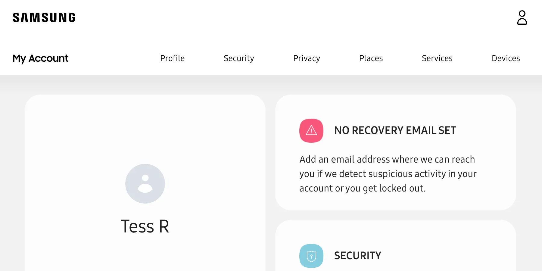 Giao diện tài khoản Samsung sau khi đăng nhập để kiểm tra và kích hoạt lại