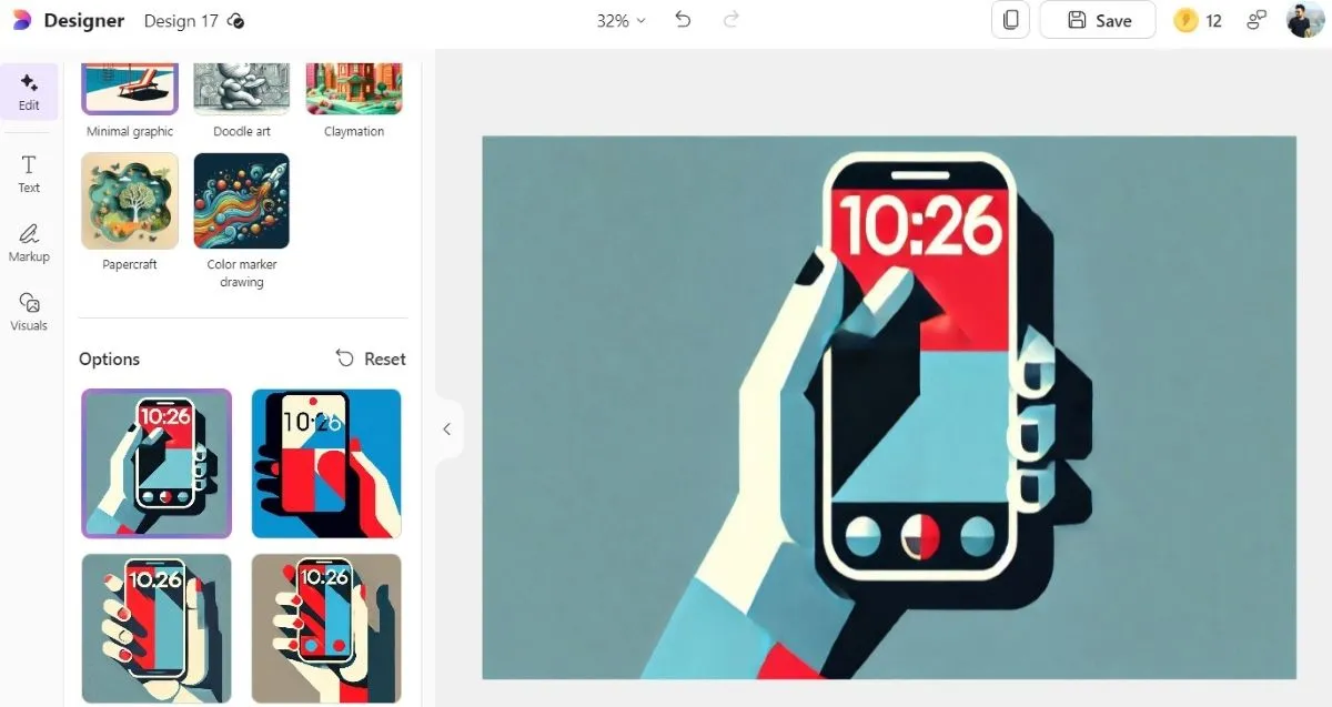 Giao diện tái tạo phong cách ảnh bằng AI trong Microsoft Designer với các tùy chọn như pop art, flat illustration