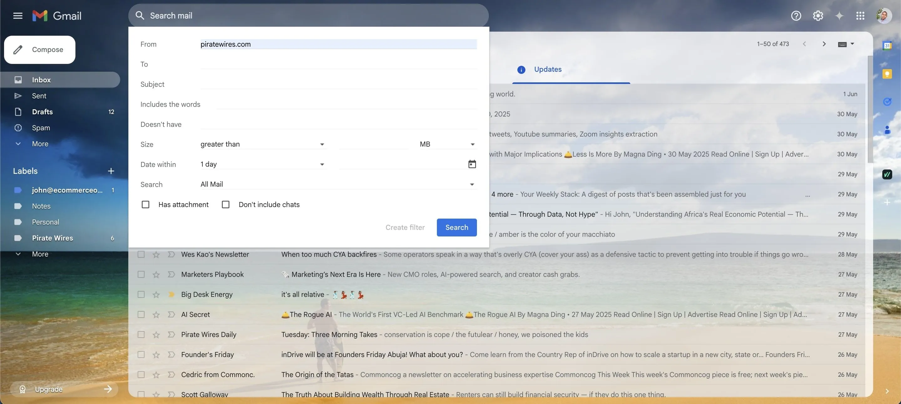 Giao diện tạo bộ lọc tìm kiếm nâng cao trong Gmail, cho phép thiết lập các tiêu chí lọc email tự động
