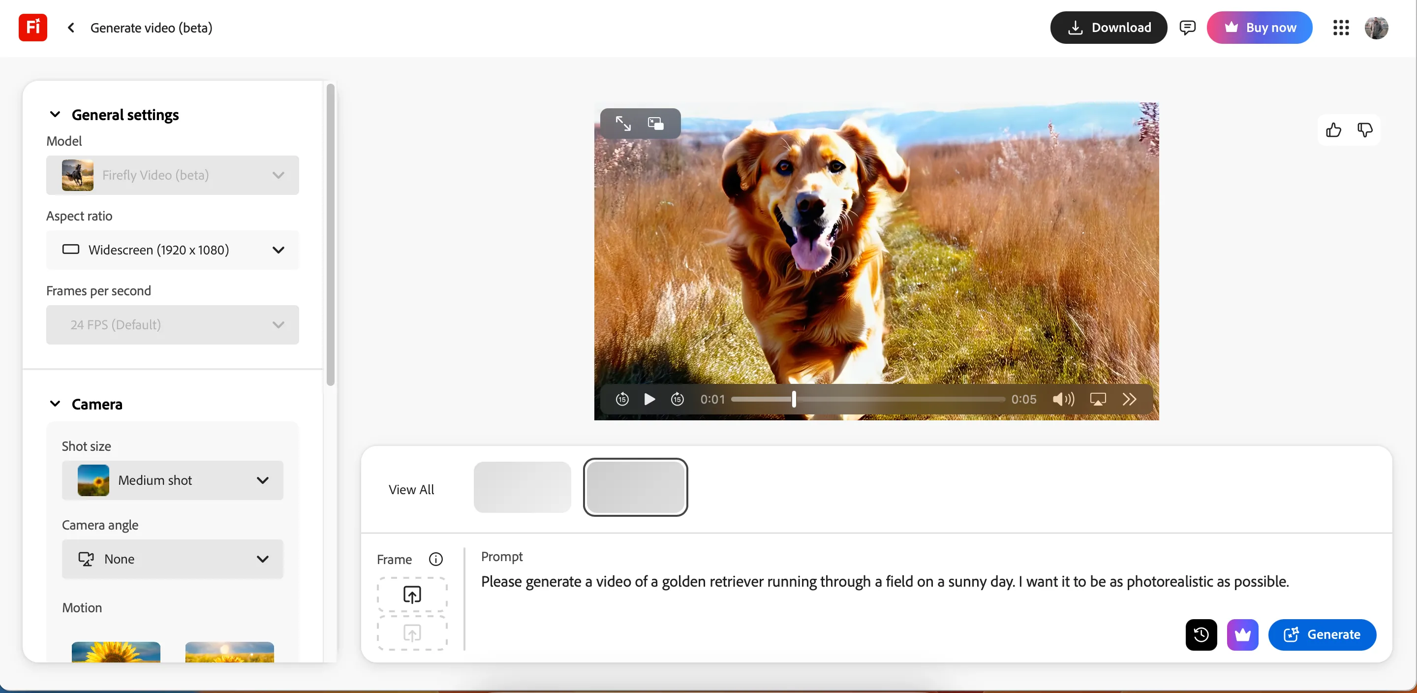 Giao diện tạo lệnh nhắc và tùy chọn cài đặt trong ứng dụng Adobe Firefly