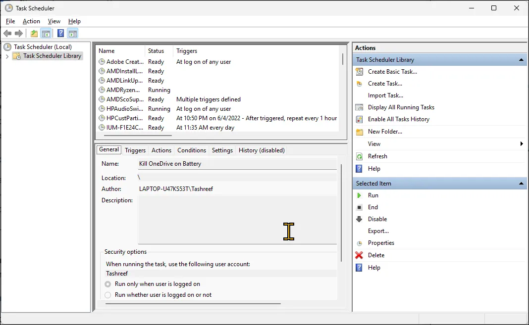 Giao diện tạo tác vụ mới trong Task Scheduler của Windows 11 để lập lịch các hành động tự động.