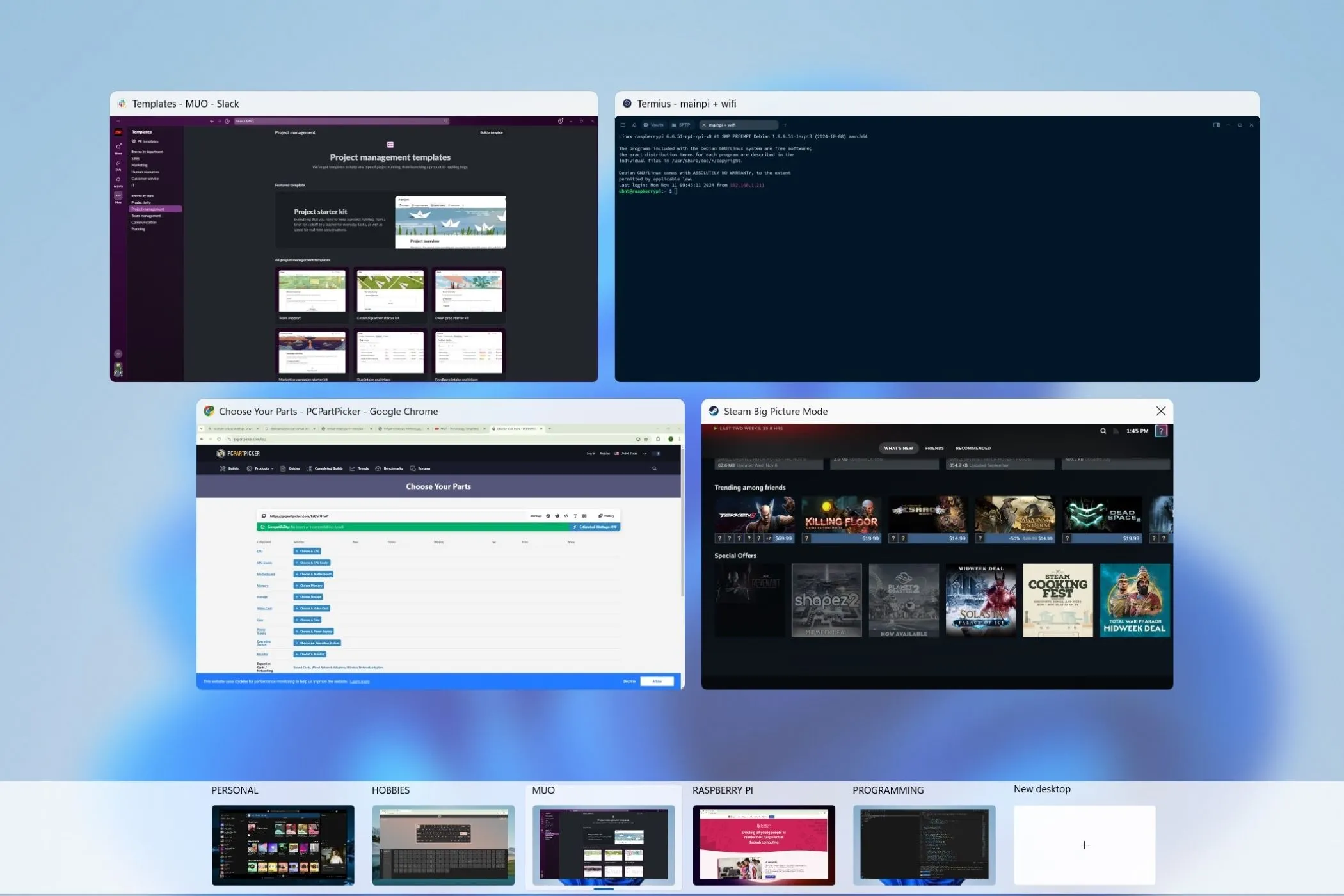 Giao diện Task View trên Windows 11 hiển thị nhiều màn hình ảo đang hoạt động, giúp quản lý không gian làm việc hiệu quả