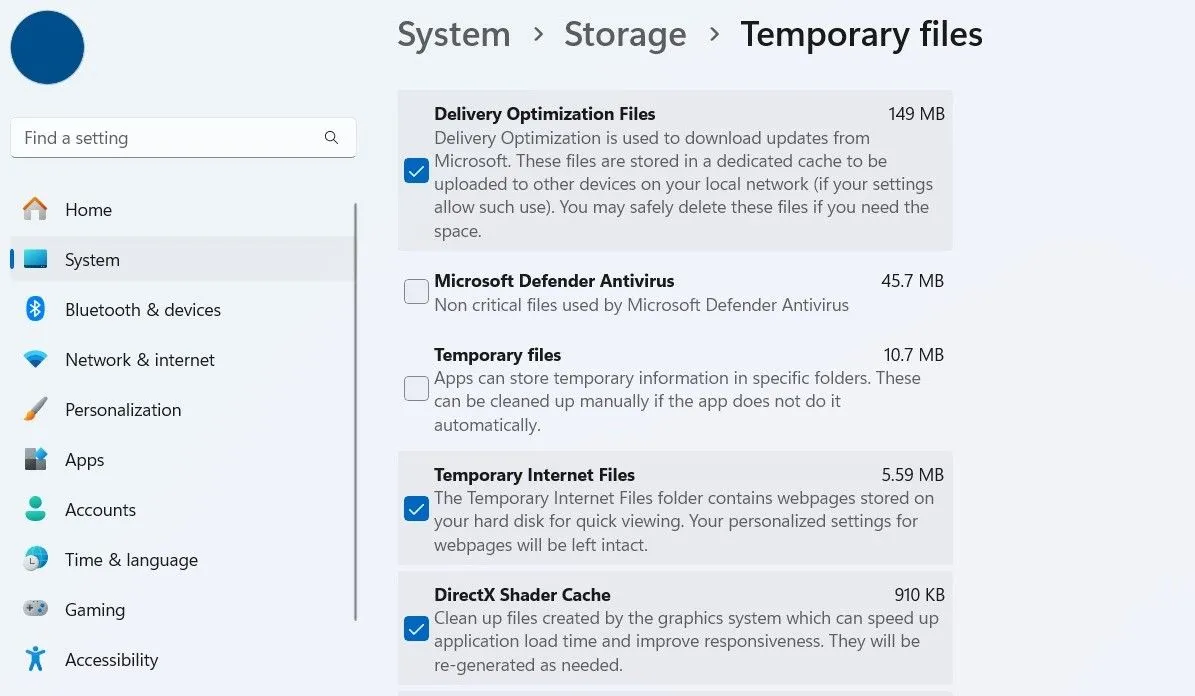 Giao diện Tệp tạm thời trong ứng dụng Cài đặt Windows 11