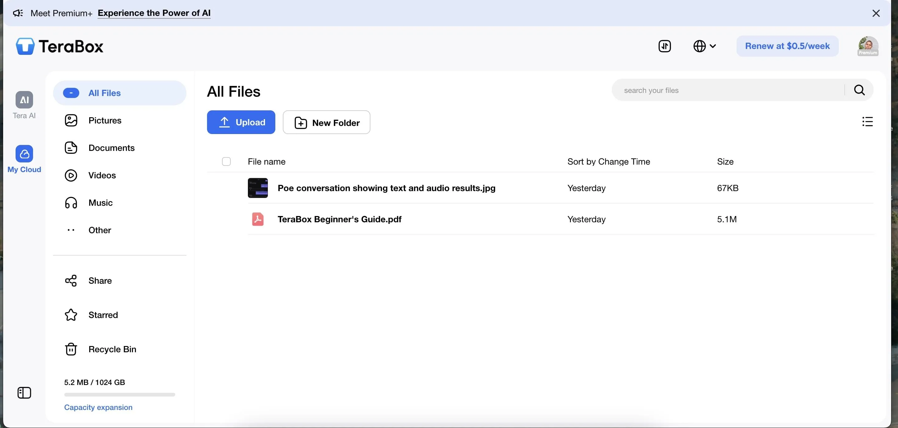 Giao diện TeraBox trên trình duyệt web với không gian lưu trữ và tùy chọn tải lên file