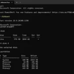 Giao diện Terminal (PowerShell) của Windows hiển thị danh sách các phân vùng ổ đĩa bằng lệnh DiskPart.