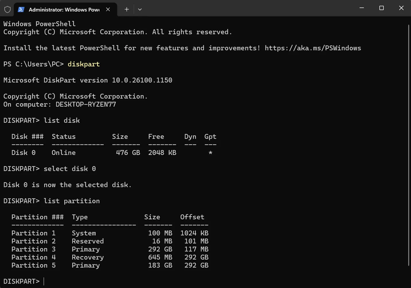 Giao diện Terminal (PowerShell) của Windows hiển thị danh sách các phân vùng ổ đĩa bằng lệnh DiskPart.